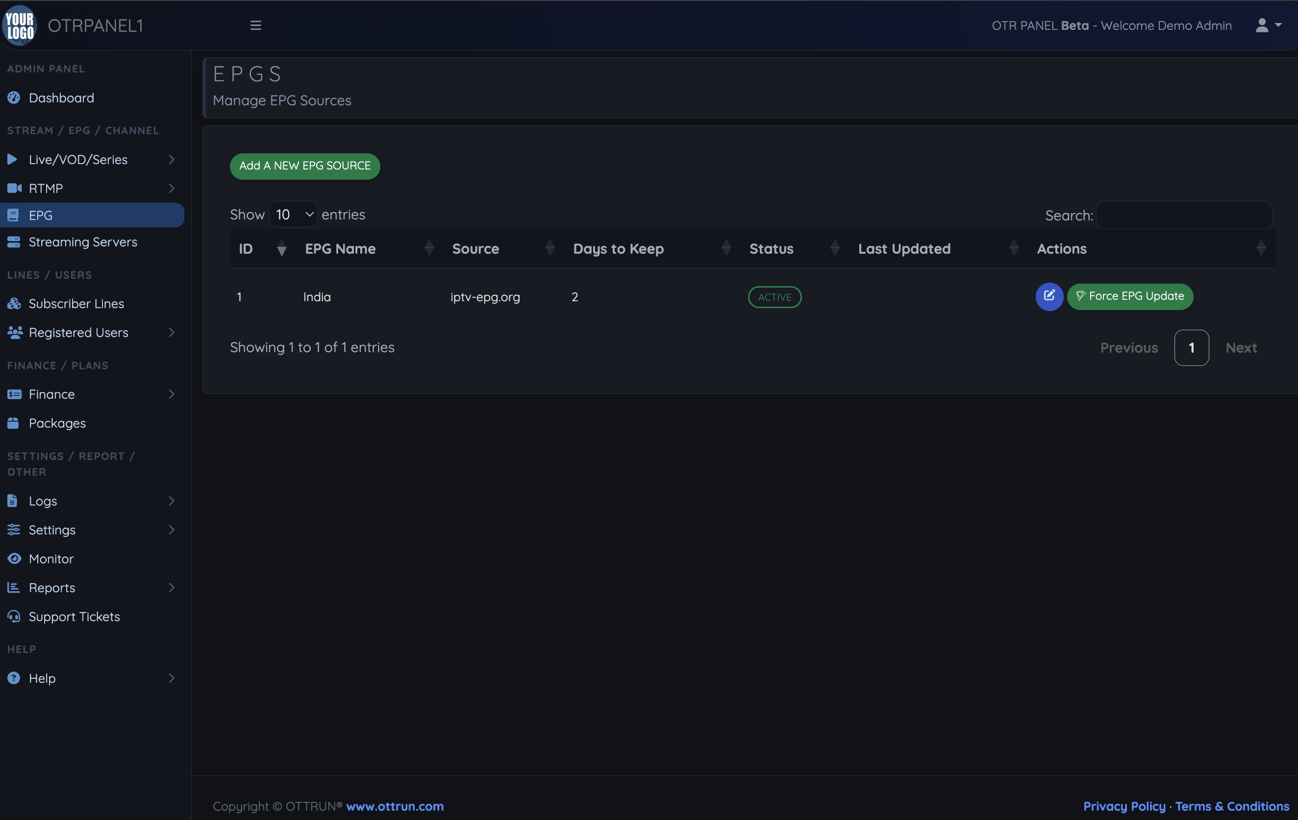 OTR Panel EPG sources screen with source, refresh interval and status