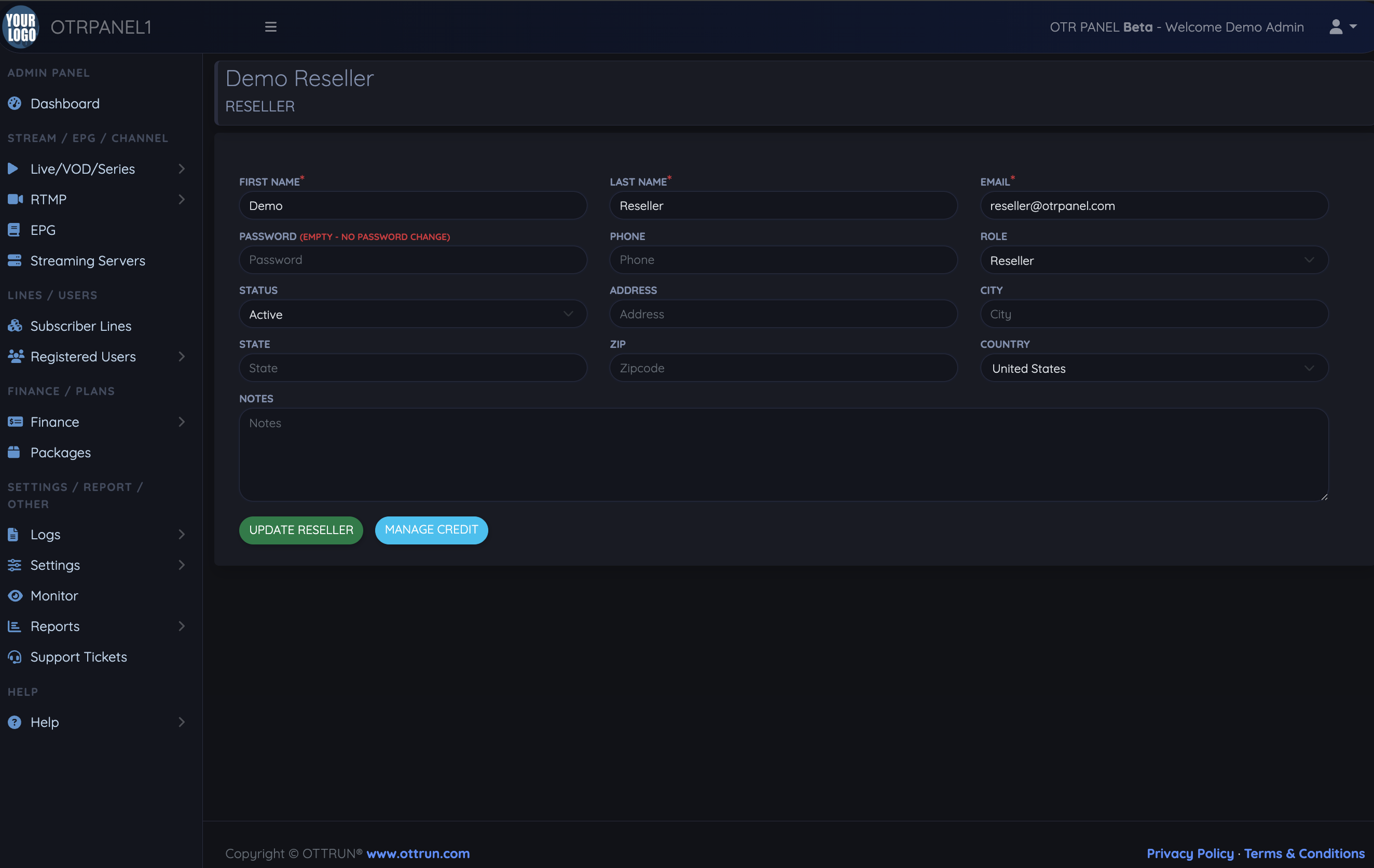 OTR Panel reseller record with contact details and credit management